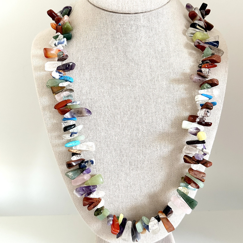Vintage 925 Sterling Silver Multi Gemstone Nugget Chunky Statement Necklace 36" - Picture 2 of 14